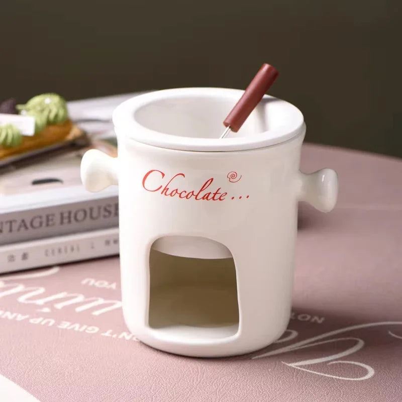 Chocolate Fondue Mug – Ceramic Melting Cup with Candle & Fork