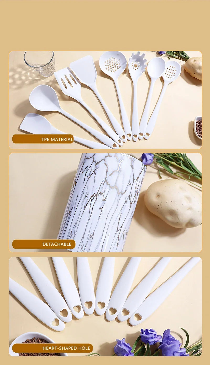 10/18Pcs Silicone Cooking Utensils Sets Pink Non-Stick Baking Tools Kitchenware Spatula Spoon Food Tongs Kitchen Kit with Box
