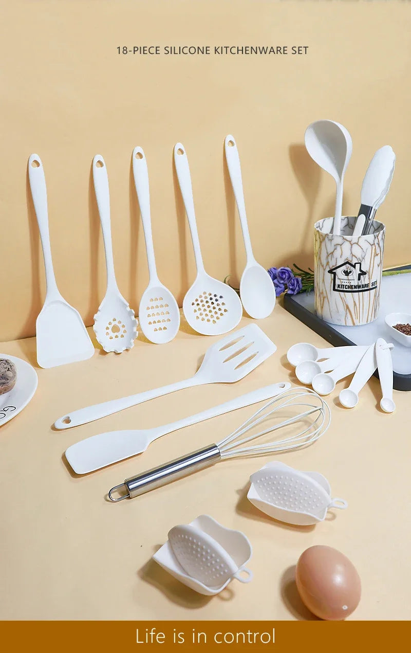 10/18Pcs Silicone Cooking Utensils Sets Pink Non-Stick Baking Tools Kitchenware Spatula Spoon Food Tongs Kitchen Kit with Box