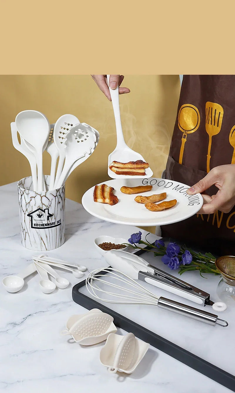 10/18Pcs Silicone Cooking Utensils Sets Pink Non-Stick Baking Tools Kitchenware Spatula Spoon Food Tongs Kitchen Kit with Box