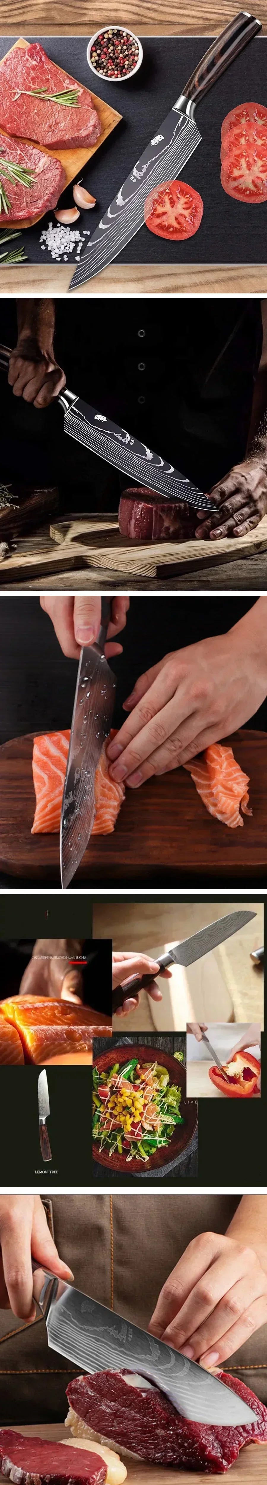 Laser Damascus Kitchen Knife Cleaver Meat Fruit Bread Knife Barbecue Boning Knife Cut Chicken Convenient Scissors Kitchen Knives