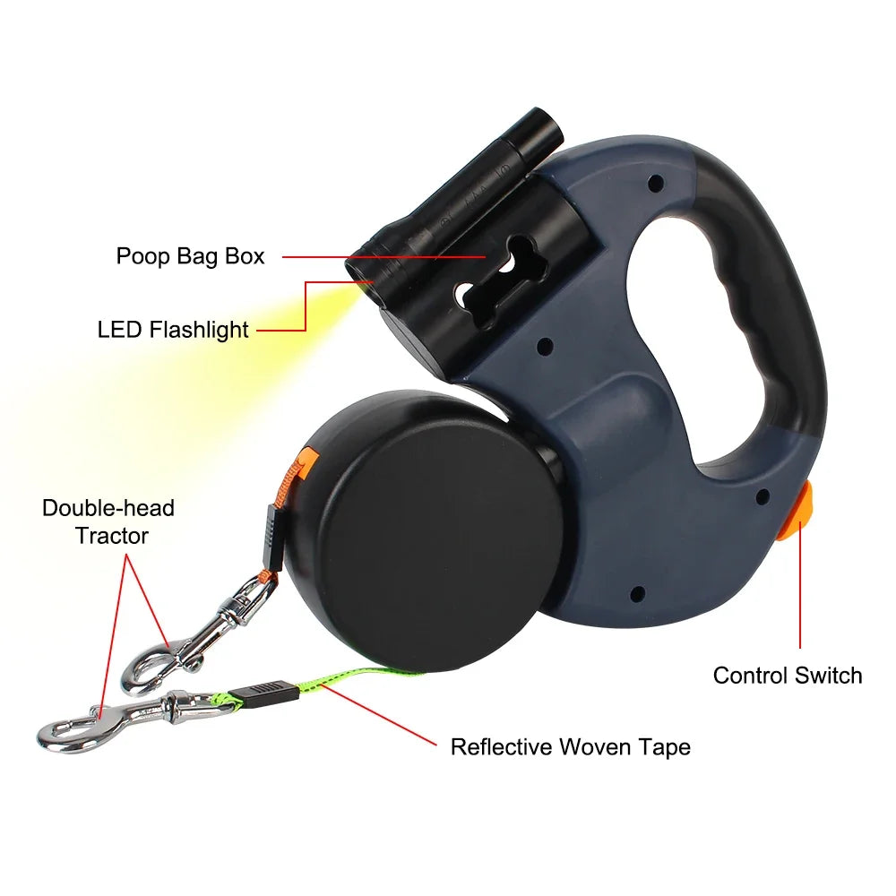 Premium 3M Retractable Double Dog Leash For Small Dogs Reflective 360 Swivel No Tangle Walking Pet Lead With LED Lights