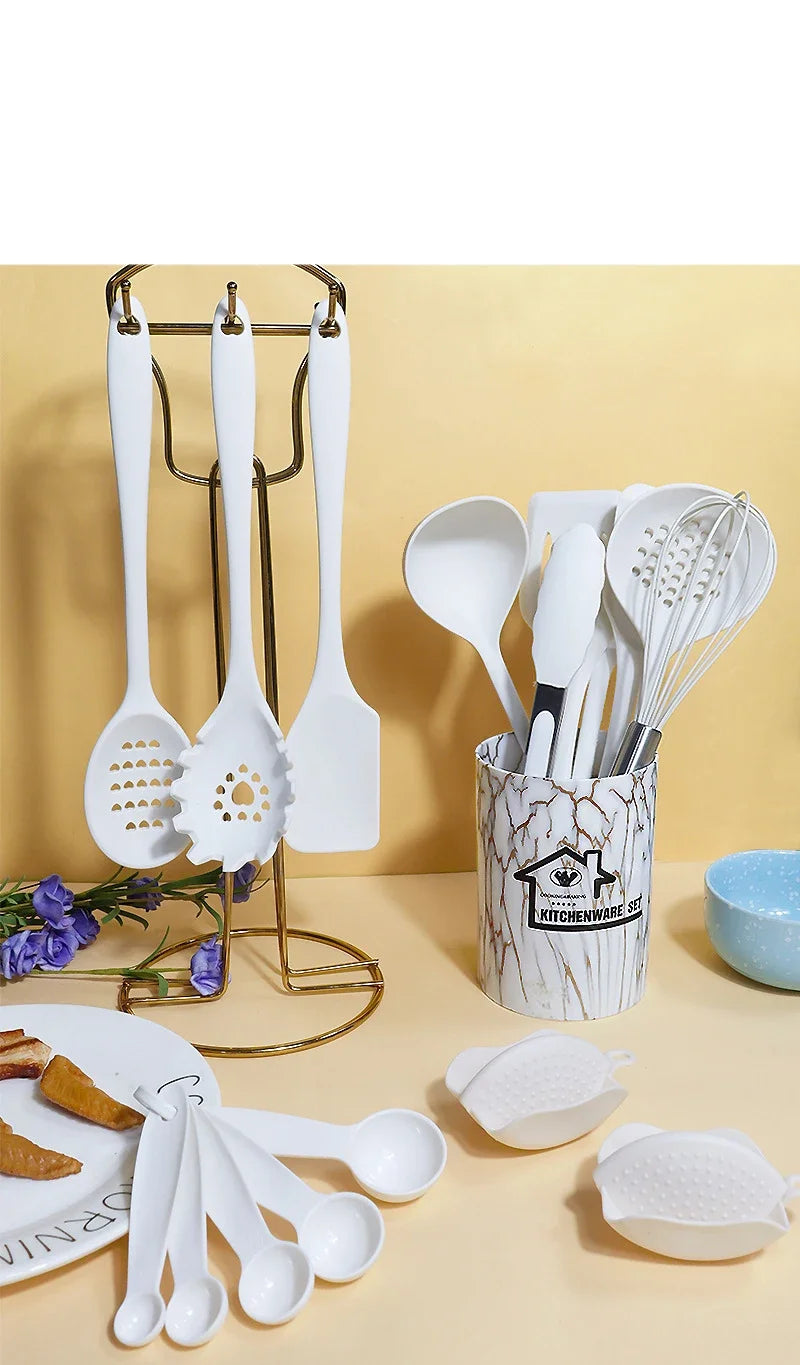 10/18Pcs Silicone Cooking Utensils Sets Pink Non-Stick Baking Tools Kitchenware Spatula Spoon Food Tongs Kitchen Kit with Box