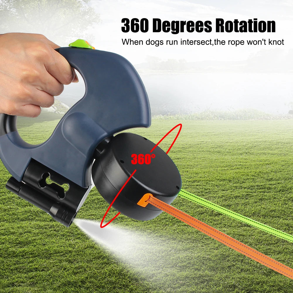 Premium 3M Retractable Double Dog Leash For Small Dogs Reflective 360 Swivel No Tangle Walking Pet Lead With LED Lights