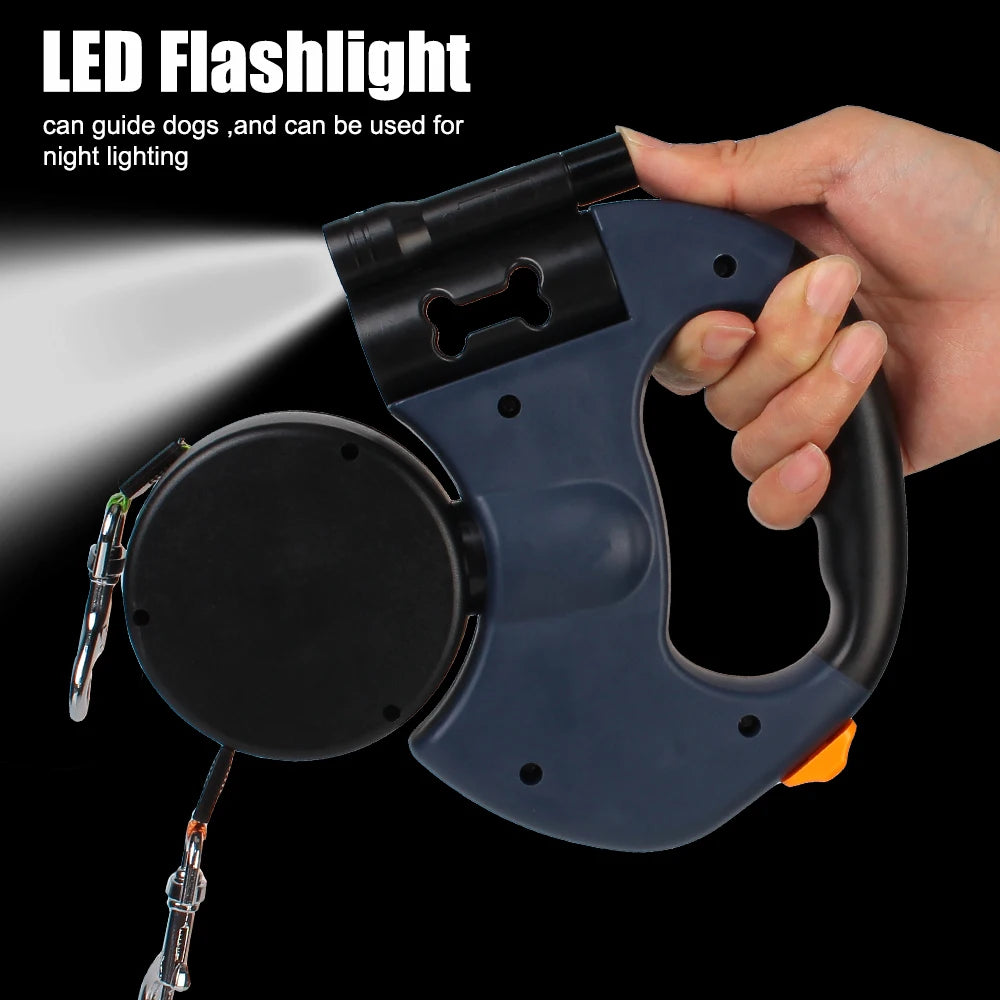 Premium 3M Retractable Double Dog Leash For Small Dogs Reflective 360 Swivel No Tangle Walking Pet Lead With LED Lights