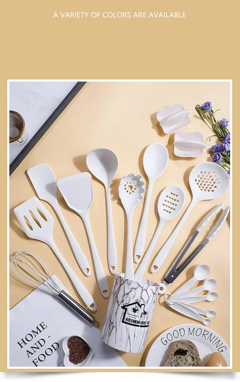 10/18Pcs Silicone Cooking Utensils Sets Pink Non-Stick Baking Tools Kitchenware Spatula Spoon Food Tongs Kitchen Kit with Box