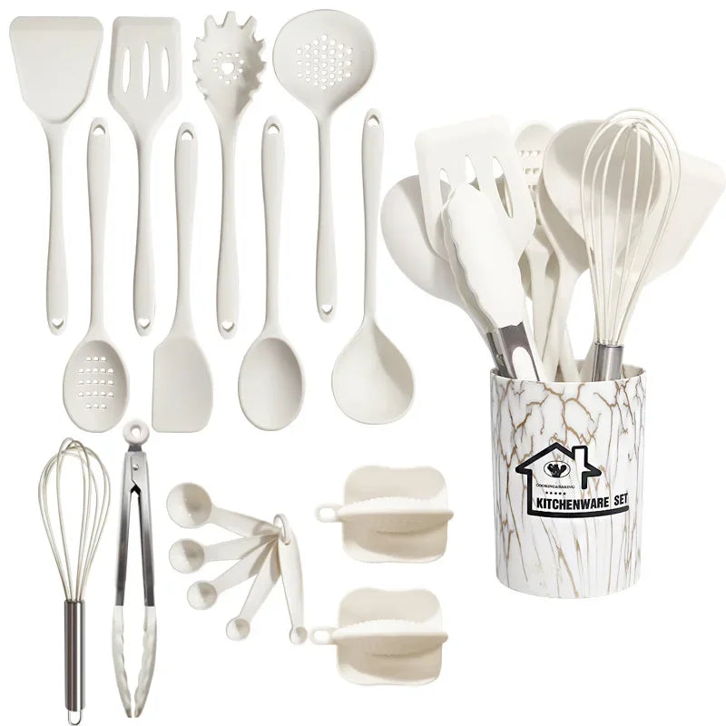 10/18Pcs Silicone Cooking Utensils Sets Pink Non-Stick Baking Tools Kitchenware Spatula Spoon Food Tongs Kitchen Kit with Box