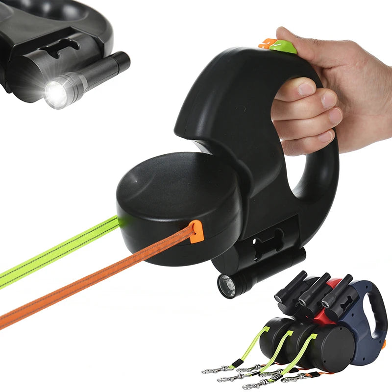 Premium 3M Retractable Double Dog Leash For Small Dogs Reflective 360 Swivel No Tangle Walking Pet Lead With LED Lights