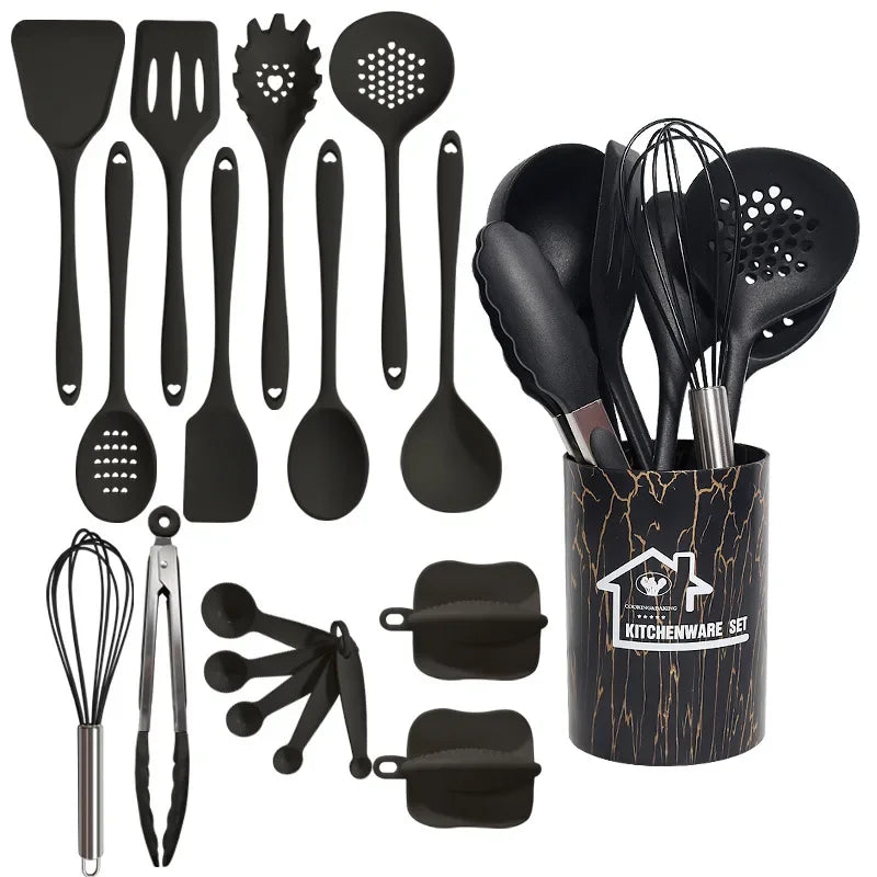 10/18Pcs Silicone Cooking Utensils Sets Pink Non-Stick Baking Tools Kitchenware Spatula Spoon Food Tongs Kitchen Kit with Box