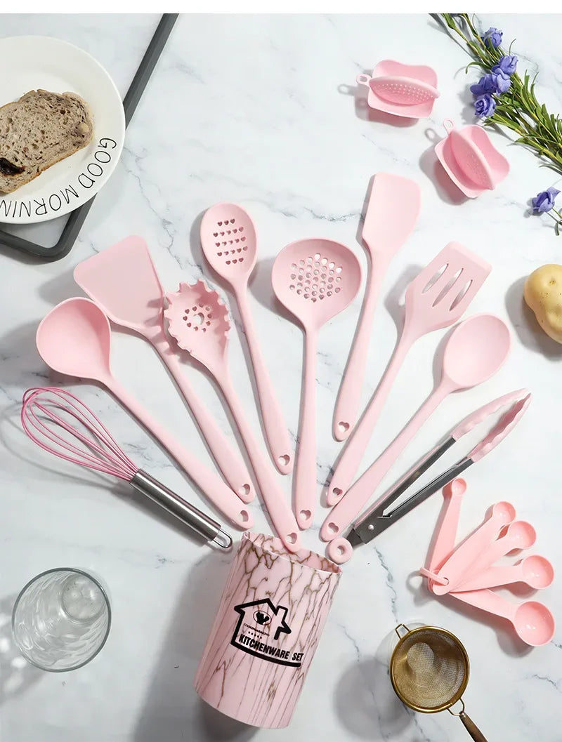 10/18Pcs Silicone Cooking Utensils Sets Pink Non-Stick Baking Tools Kitchenware Spatula Spoon Food Tongs Kitchen Kit with Box