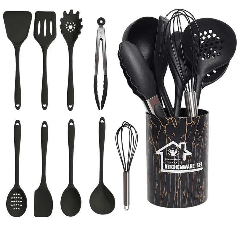 10/18Pcs Silicone Cooking Utensils Sets Pink Non-Stick Baking Tools Kitchenware Spatula Spoon Food Tongs Kitchen Kit with Box