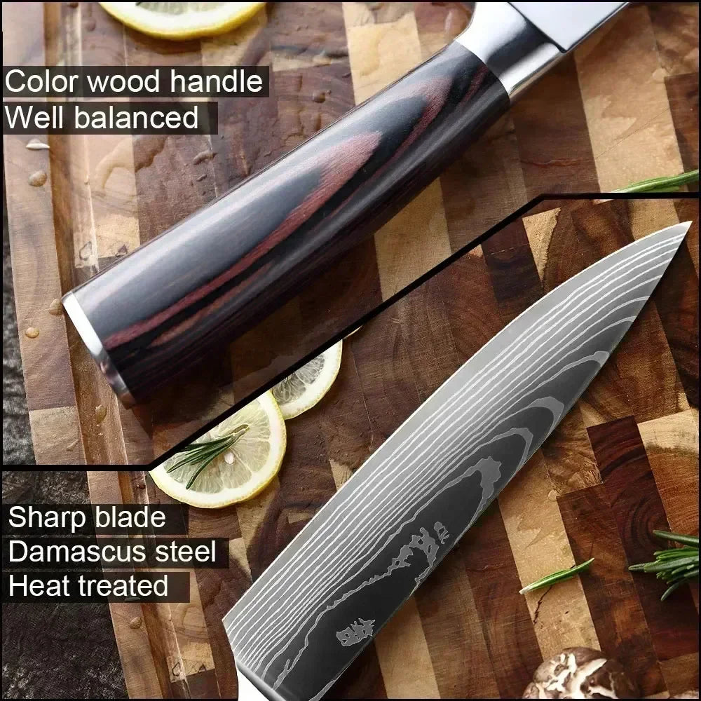 Laser Damascus Kitchen Knife Cleaver Meat Fruit Bread Knife Barbecue Boning Knife Cut Chicken Convenient Scissors Kitchen Knives