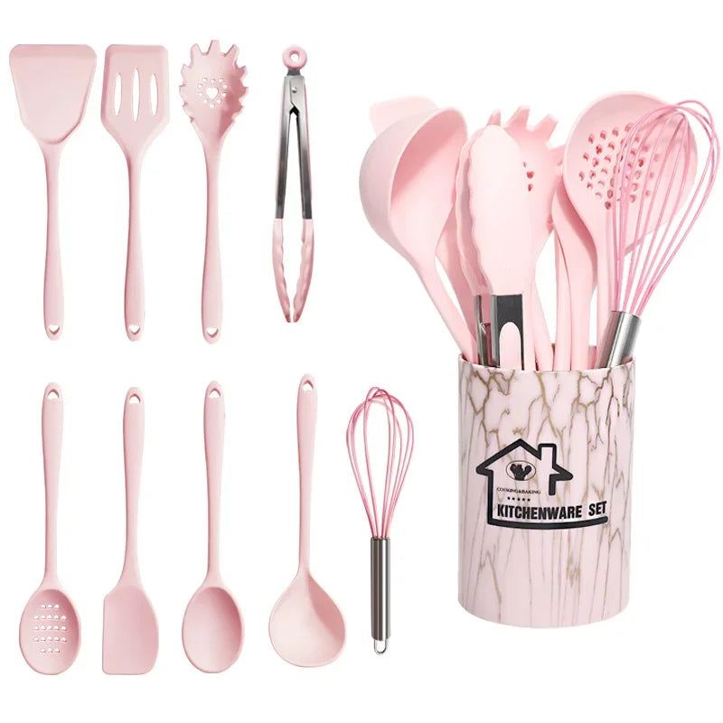 10/18Pcs Silicone Cooking Utensils Sets Pink Non-Stick Baking Tools Kitchenware Spatula Spoon Food Tongs Kitchen Kit with Box