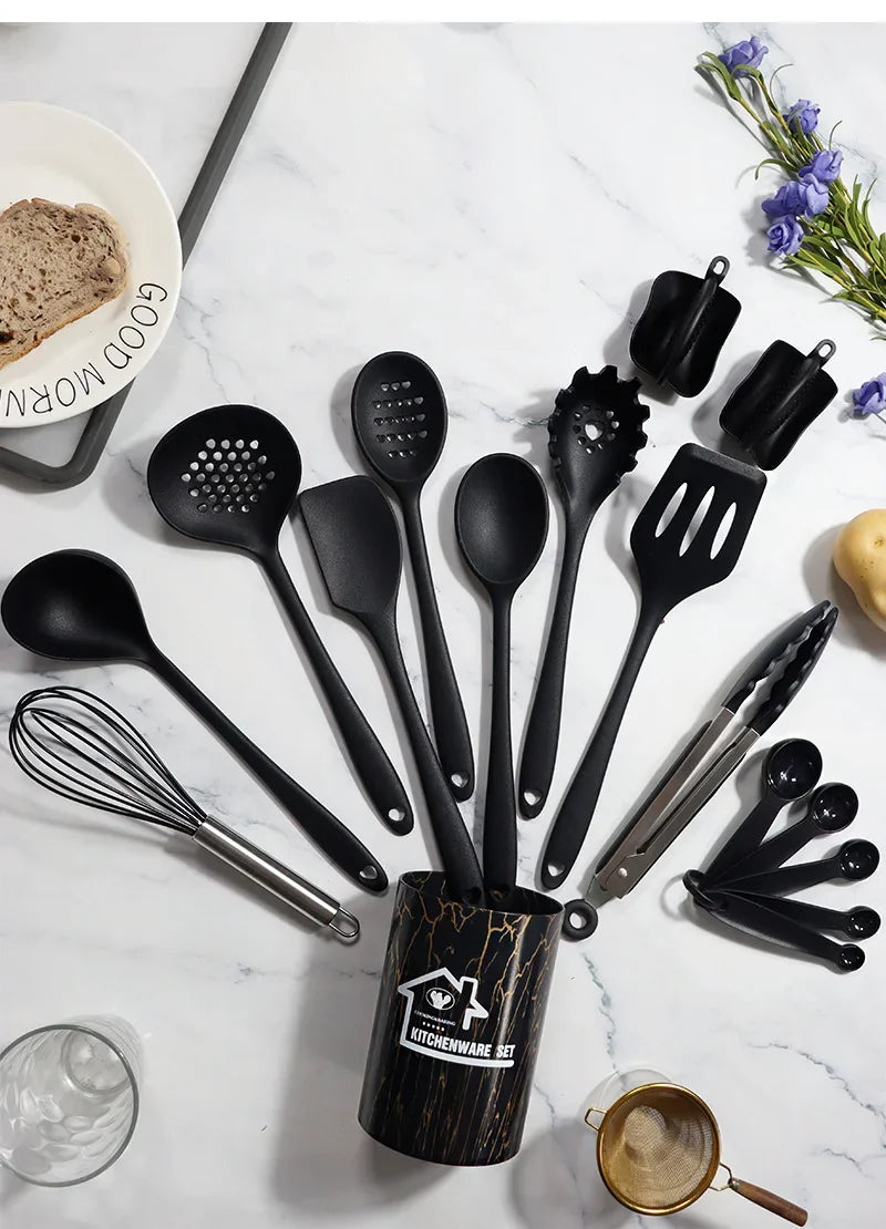10/18Pcs Silicone Cooking Utensils Sets Pink Non-Stick Baking Tools Kitchenware Spatula Spoon Food Tongs Kitchen Kit with Box