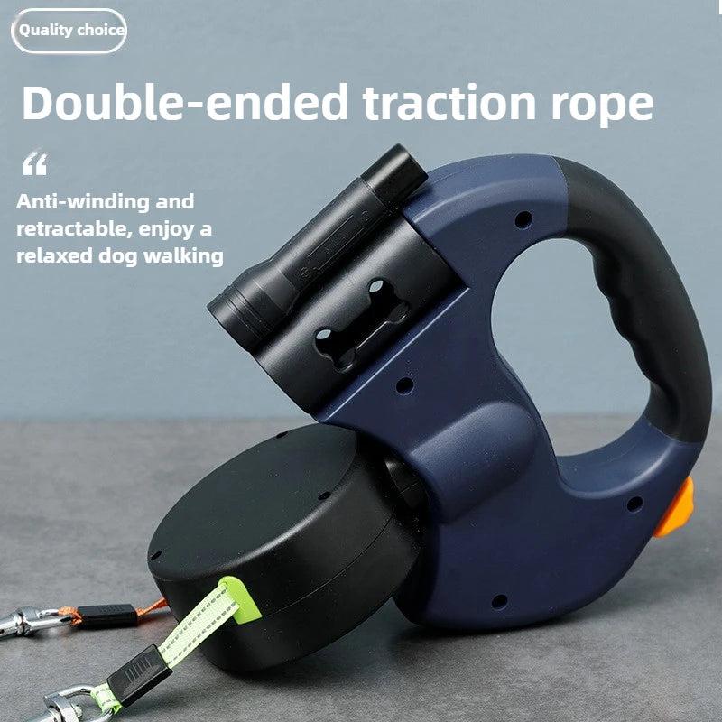 Premium 3M Retractable Double Dog Leash For Small Dogs Reflective 360 Swivel No Tangle Walking Pet Lead With LED Lights