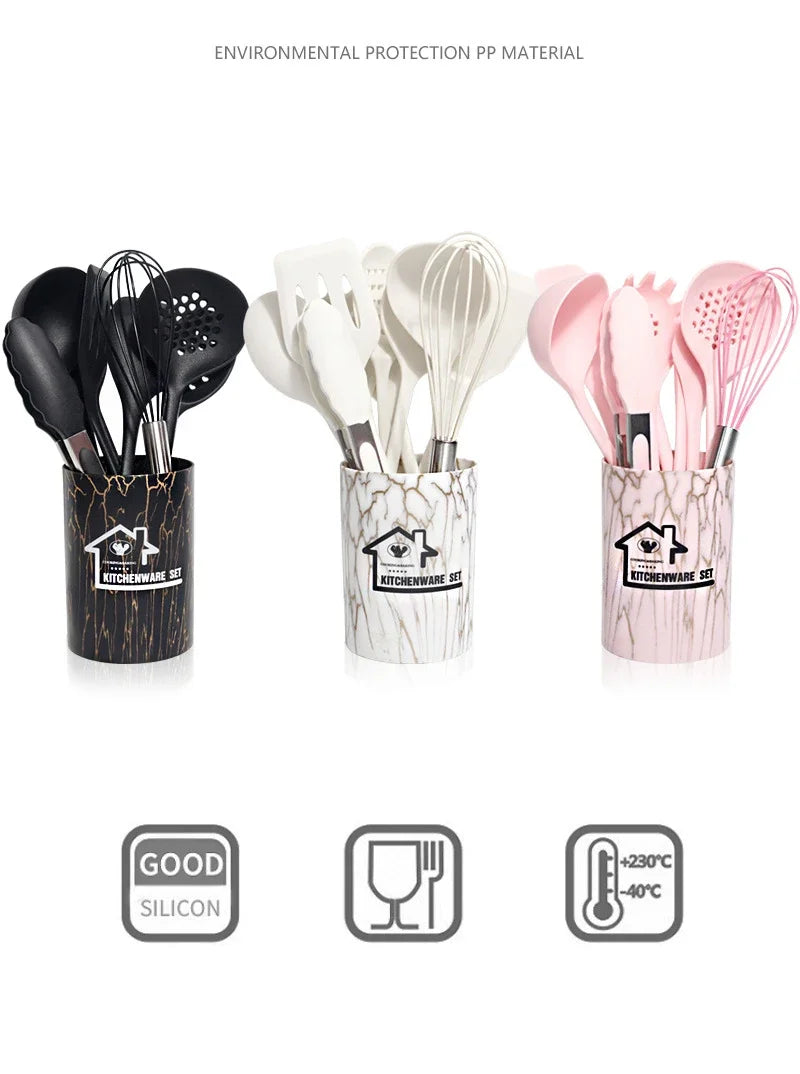10/18Pcs Silicone Cooking Utensils Sets Pink Non-Stick Baking Tools Kitchenware Spatula Spoon Food Tongs Kitchen Kit with Box