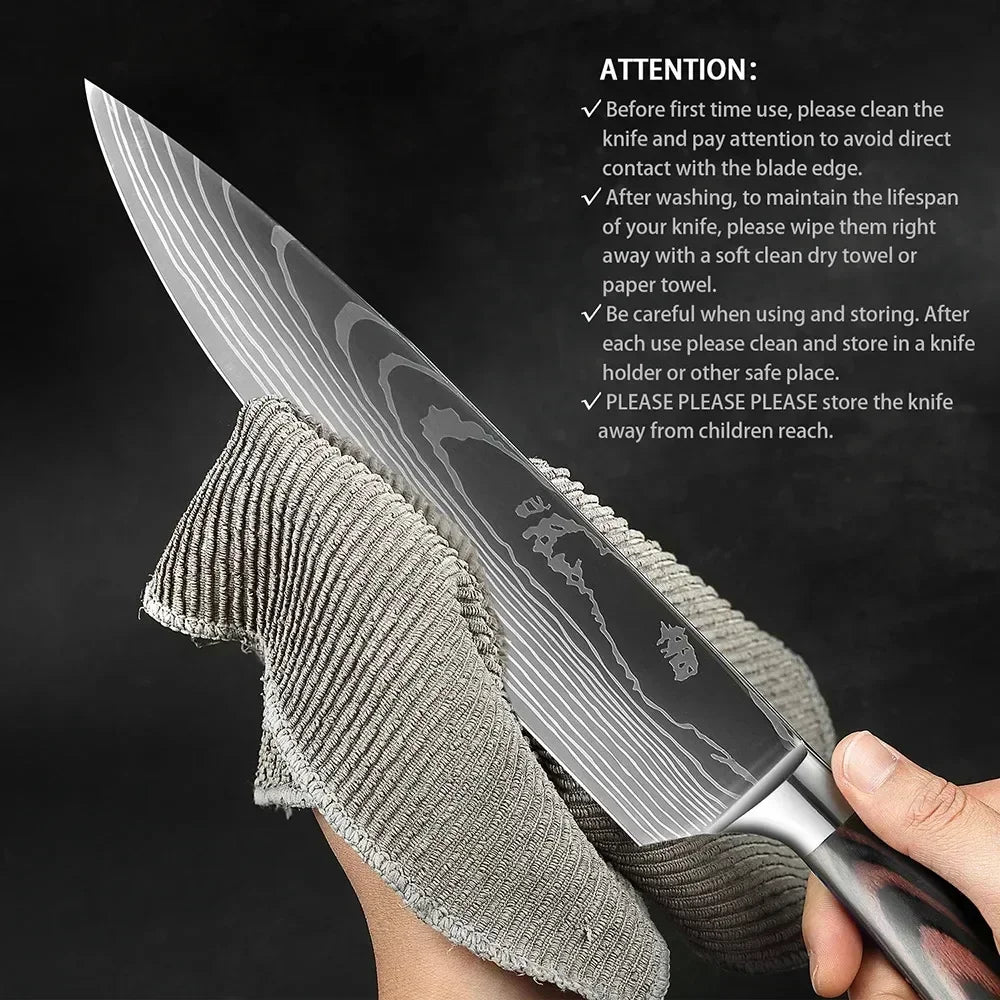 Laser Damascus Kitchen Knife Cleaver Meat Fruit Bread Knife Barbecue Boning Knife Cut Chicken Convenient Scissors Kitchen Knives