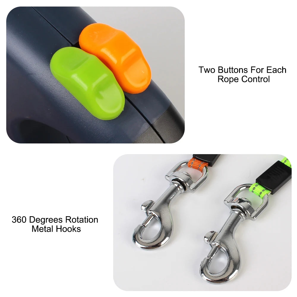 Premium 3M Retractable Double Dog Leash For Small Dogs Reflective 360 Swivel No Tangle Walking Pet Lead With LED Lights