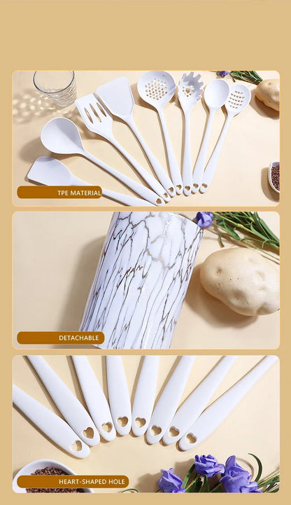 10/18Pcs Silicone Cooking Utensils Sets Pink Non-Stick Baking Tools Kitchenware Spatula Spoon Food Tongs Kitchen Kit with Box