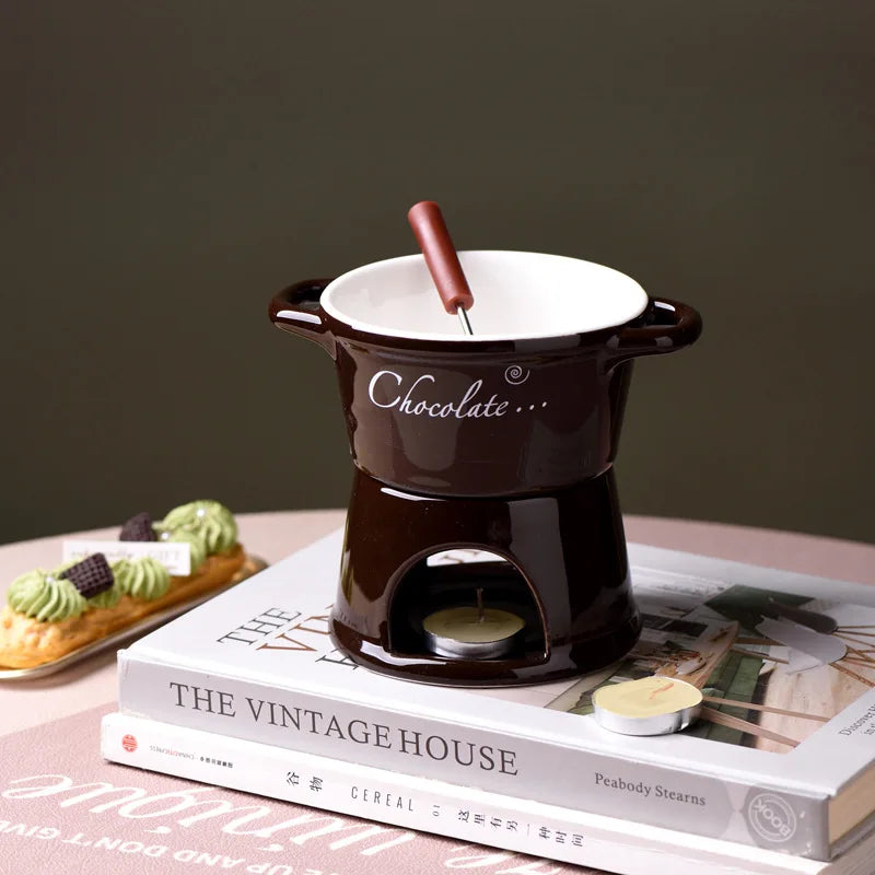 Chocolate Fondue Mug – Ceramic Melting Cup with Candle & Fork