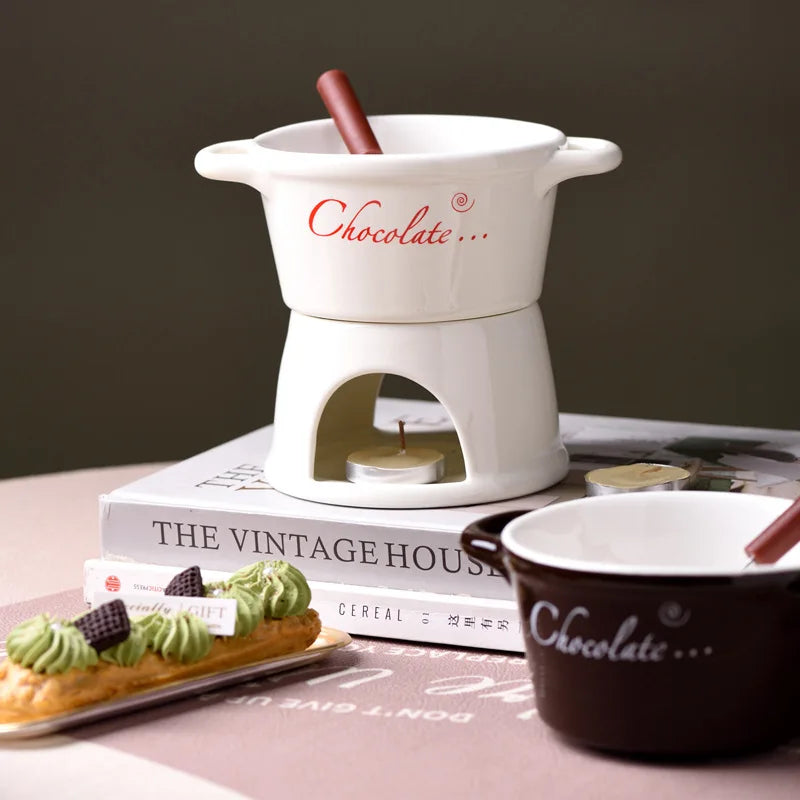Chocolate Fondue Mug – Ceramic Melting Cup with Candle & Fork