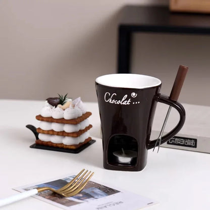 Chocolate Fondue Mug – Ceramic Melting Cup with Candle & Fork