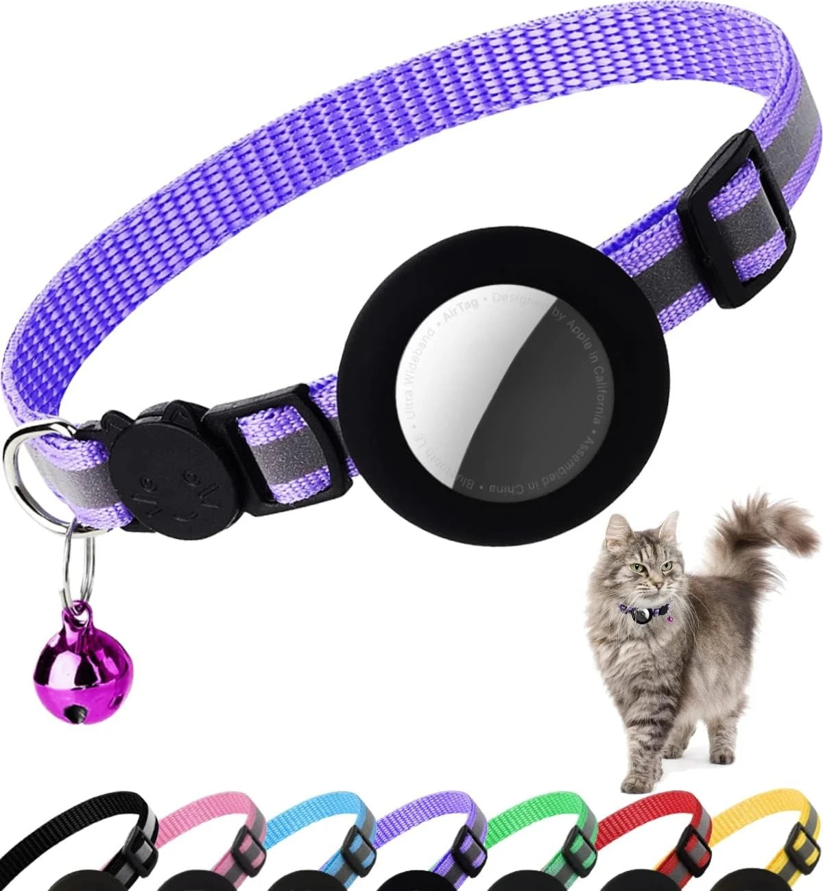 Cute Cat Collar Airtag Breakaway Reflective Kitten Collar with Bell for Apple Air Tag Holder Bell Nylon Silicone Collar for Cats