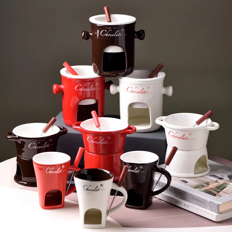 Chocolate Fondue Mug – Ceramic Melting Cup with Candle & Fork