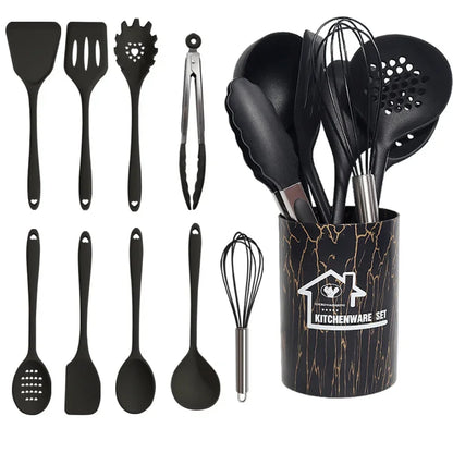 10/18Pcs Silicone Cooking Utensils Sets Pink Non-Stick Baking Tools Kitchenware Spatula Spoon Food Tongs Kitchen Kit with Box