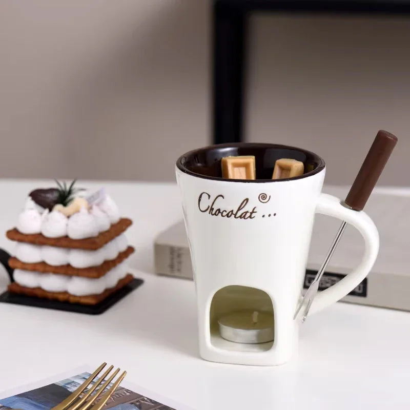 Chocolate Fondue Mug – Ceramic Melting Cup with Candle & Fork