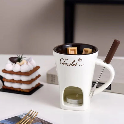 Chocolate Fondue Mug – Ceramic Melting Cup with Candle & Fork