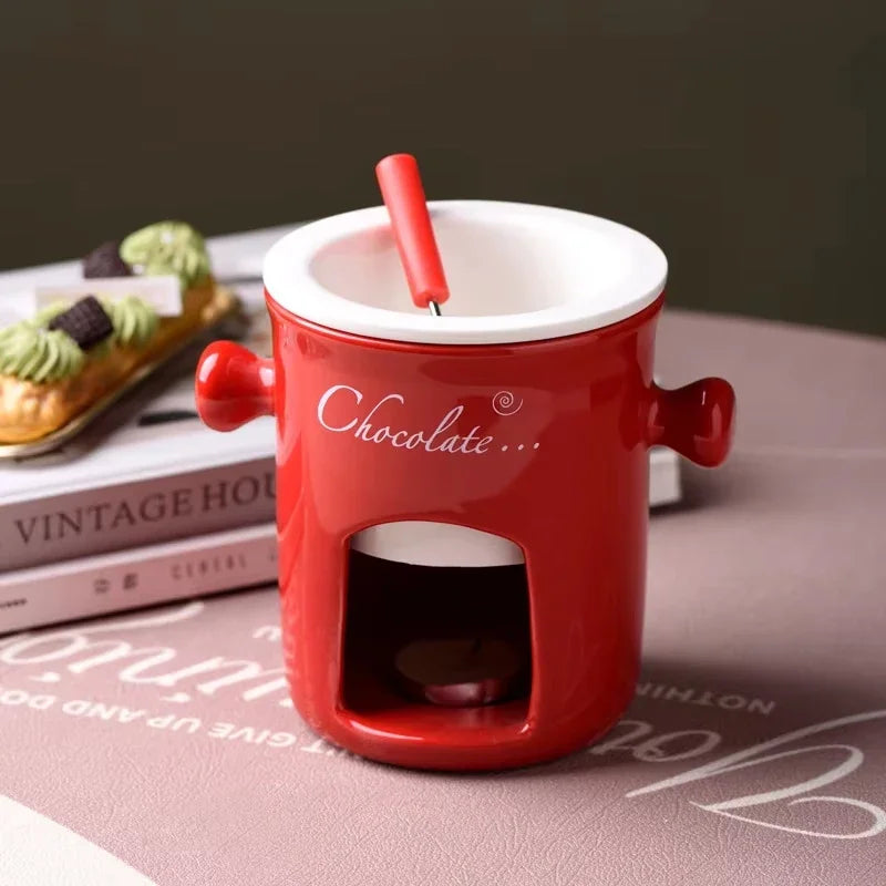 Chocolate Fondue Mug – Ceramic Melting Cup with Candle & Fork