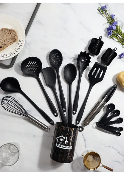 10/18Pcs Silicone Cooking Utensils Sets Pink Non-Stick Baking Tools Kitchenware Spatula Spoon Food Tongs Kitchen Kit with Box
