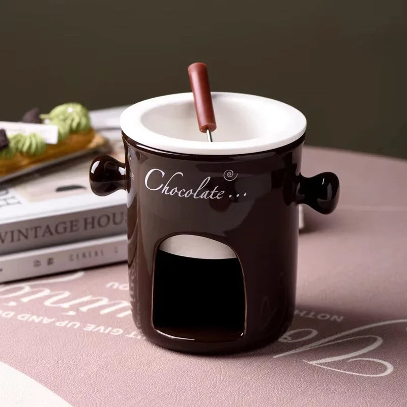 Chocolate Fondue Mug – Ceramic Melting Cup with Candle & Fork