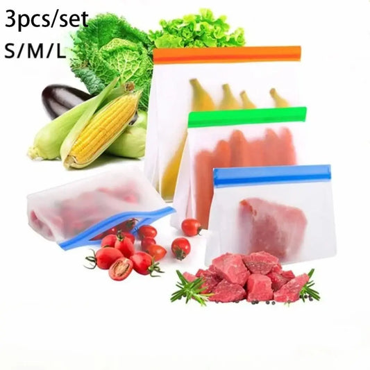 3pcs/set New PEVA Food Silicone Bag Reusable Leakproof Freezer Stand Up Bag Freezer Safe Fresh-keeping Zip Lock Bag