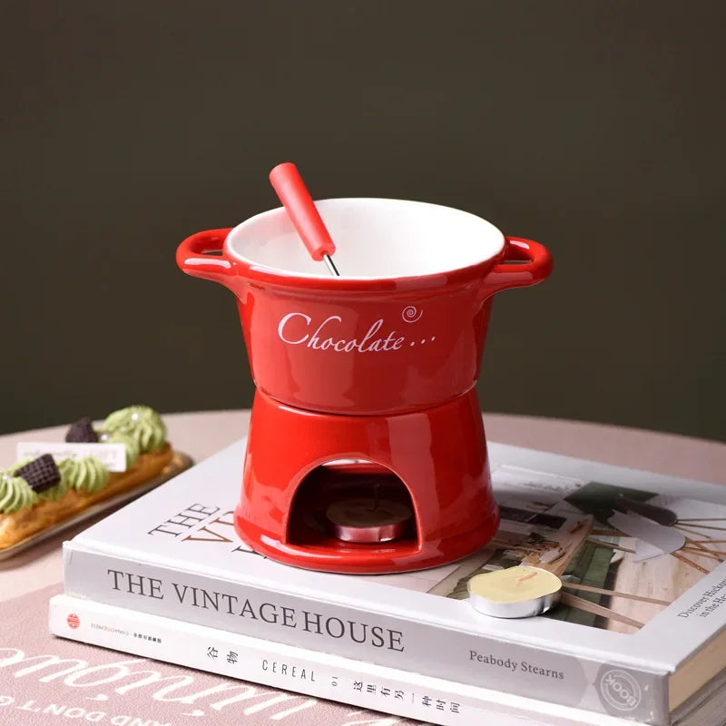 Chocolate Fondue Mug – Ceramic Melting Cup with Candle & Fork