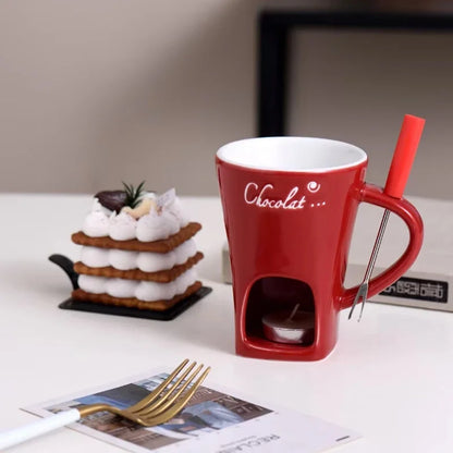 Chocolate Fondue Mug – Ceramic Melting Cup with Candle & Fork