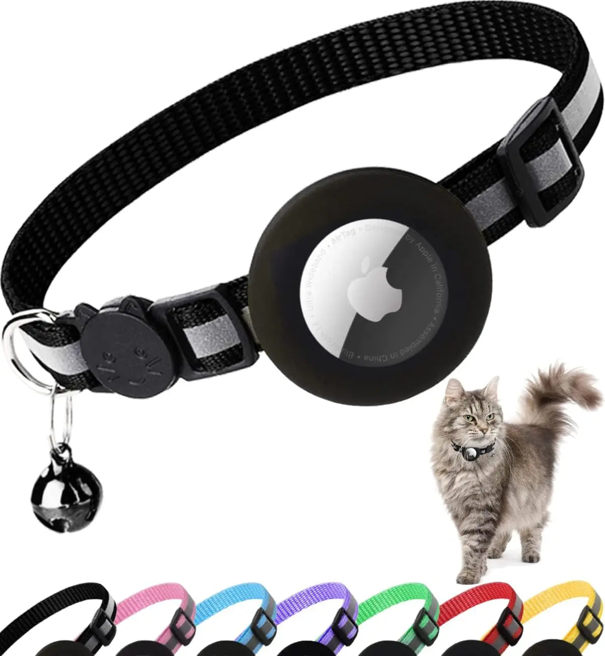 Cute Cat Collar Airtag Breakaway Reflective Kitten Collar with Bell for Apple Air Tag Holder Bell Nylon Silicone Collar for Cats